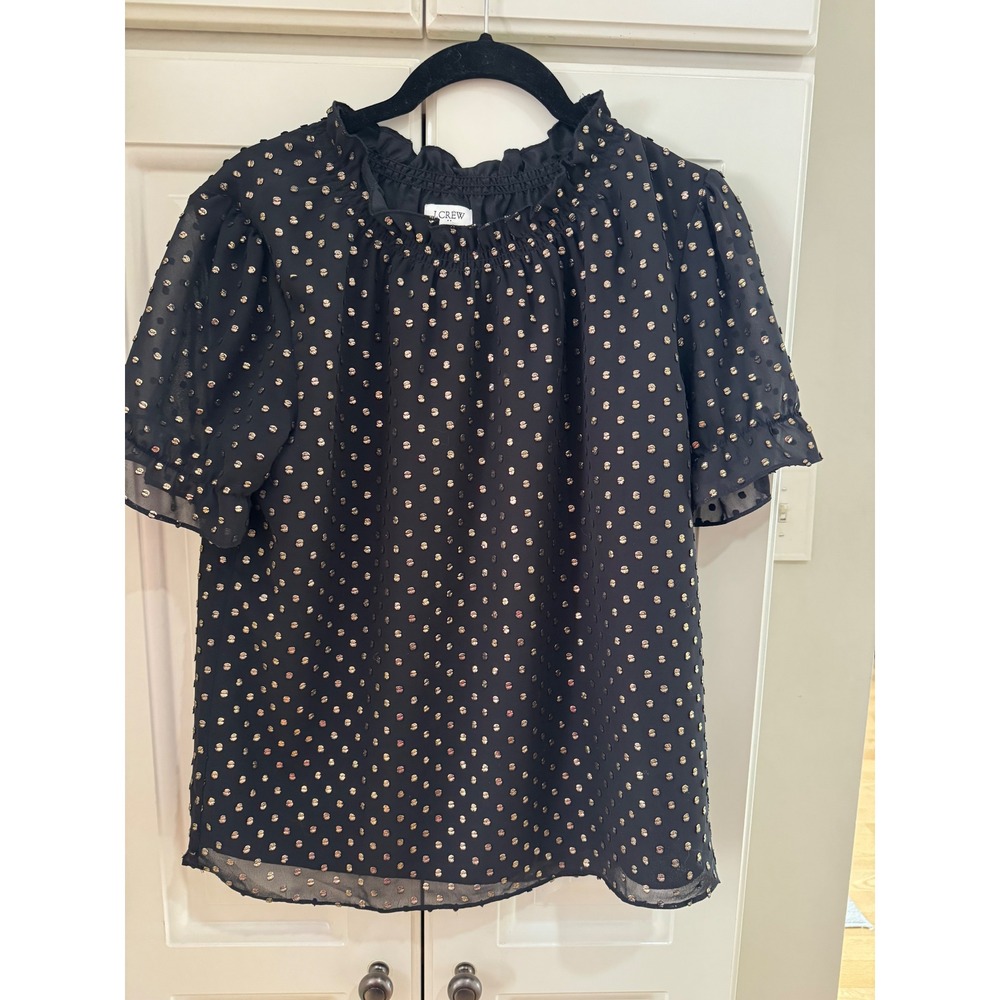 J Crew Black Gold Dot Sheer Arms Ruffle Neck Top Blouse Size XS Short Sleeve EUC